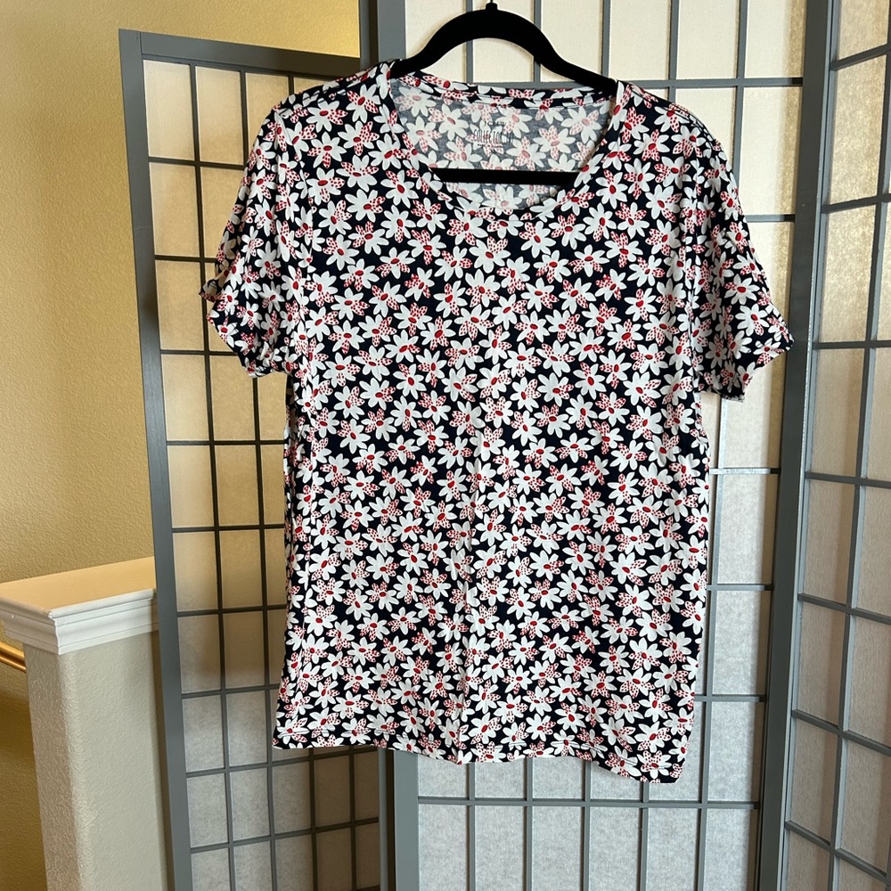 J. Crew Blue, Red and White Floral Short Sleeve Top